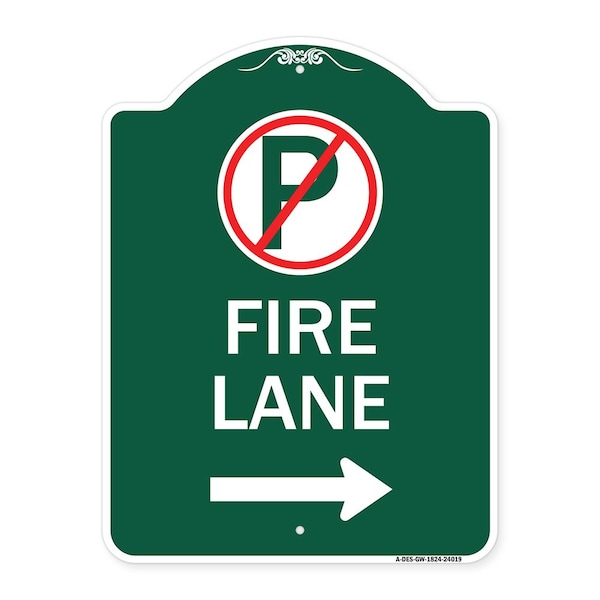 Signmission Fire Lane No Parking and Right Arrow, Green & White Aluminum Sign, 18" x 24", GW-1824-24019 A-DES-GW-1824-24019 - main